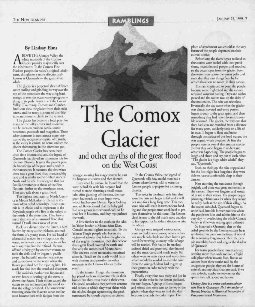 Islander Magazine, Sunday, January 25, 1998, article, “The Comox Glacier and other myths of the West Coast.”
