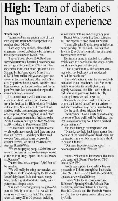 Times Colonist article December 30, 2000, “High: Team of diabetics has mountain experience.”