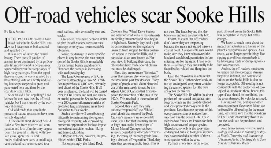 Times Colonist article December 3, 2000, “Off-road vehicles scar Sooke Hills.”