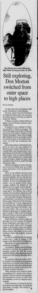 Times Colonist article August 19, 2001, “Still exploring, Don Morton switched from outer space to high places.”
