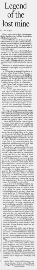 Times Colonist article June 3, 2001, “Legend of the lost mine.”