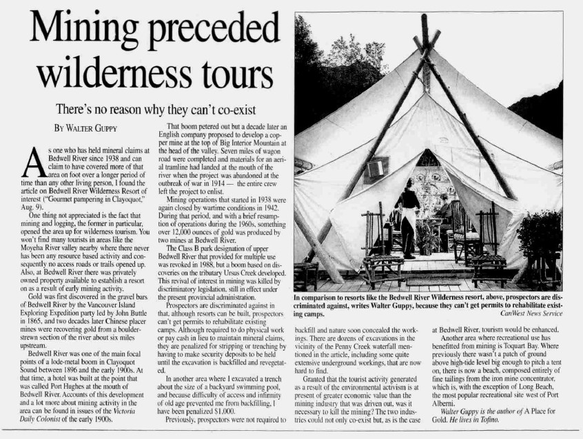 Times Colonist article August 18, 2003, “Mining preceded wilderness tours: There’s no reason why they can’t co-exist.”