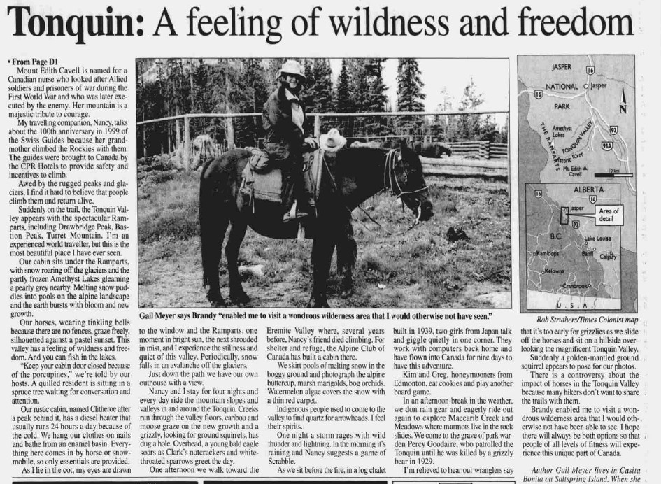 Times Colonist article February 8, 2003, “Tonquin: A feeling of wildness and freedom.”