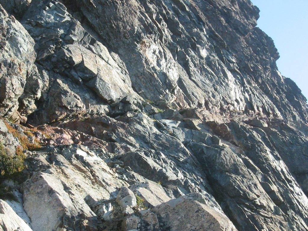 The red ledge that crosses the South Face of the Golden Hinde 2006 – Lindsay Elms photo.