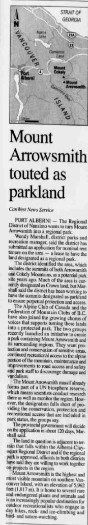 Times Colonist article December 26, 2007, “Mount Arrowsmith touted as parkland.”