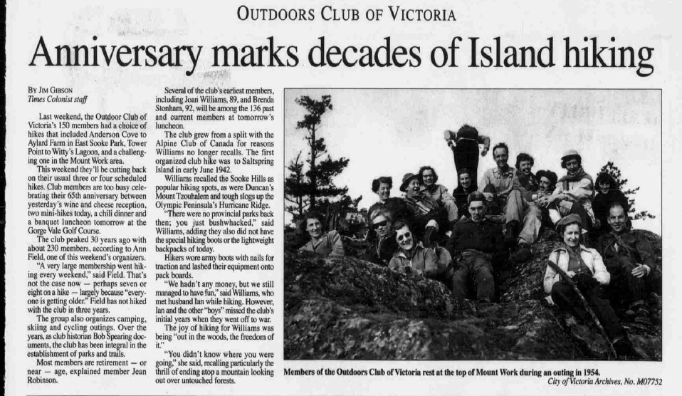 Times Colonist article March 17, 2007, “Anniversary marks decades of Island hiking.”