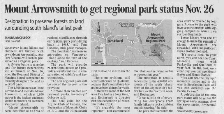 Times Colonist article November 20, 2008, “Mount Arrowsmith to get regional park status Nov. 26.”