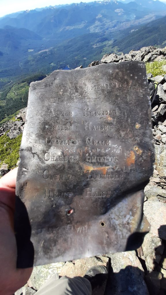 The engraved metal plate that was left on the summit of Pinder Peak in 1955 – Jason Hare photo 2017.