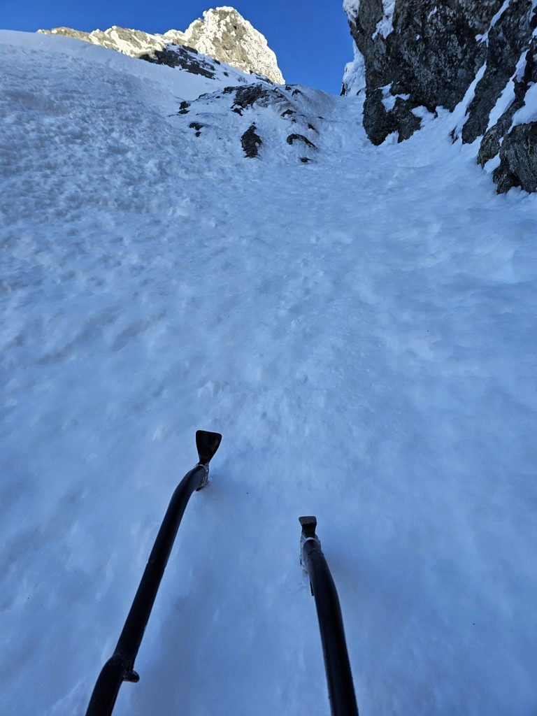 Looking up the Southwest Couloir towards the ridge connecting the Southeast and Southwest Peaks – Josh Overdijk photo.