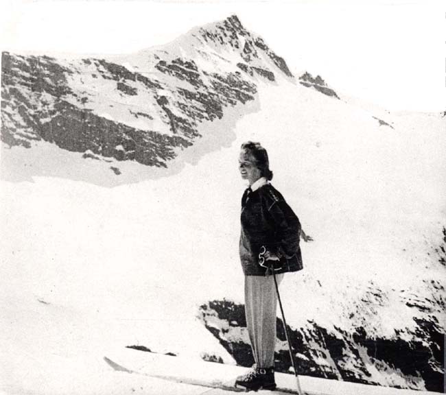 Gertrude Wepsala skiing towards the summit of Mt. Albert Edward.