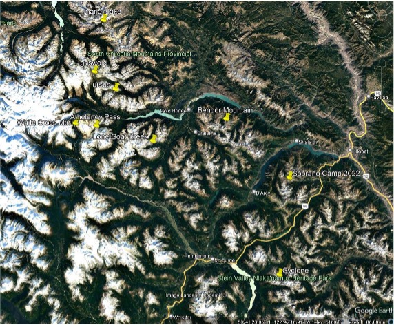 Google Earth image of Mt. Bendor and surrounding peaks of interest.