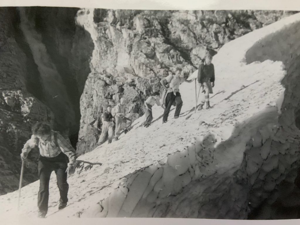 Crossing steep snow on the way up Big Interior Mountain 1953 – Syd Watts photo.