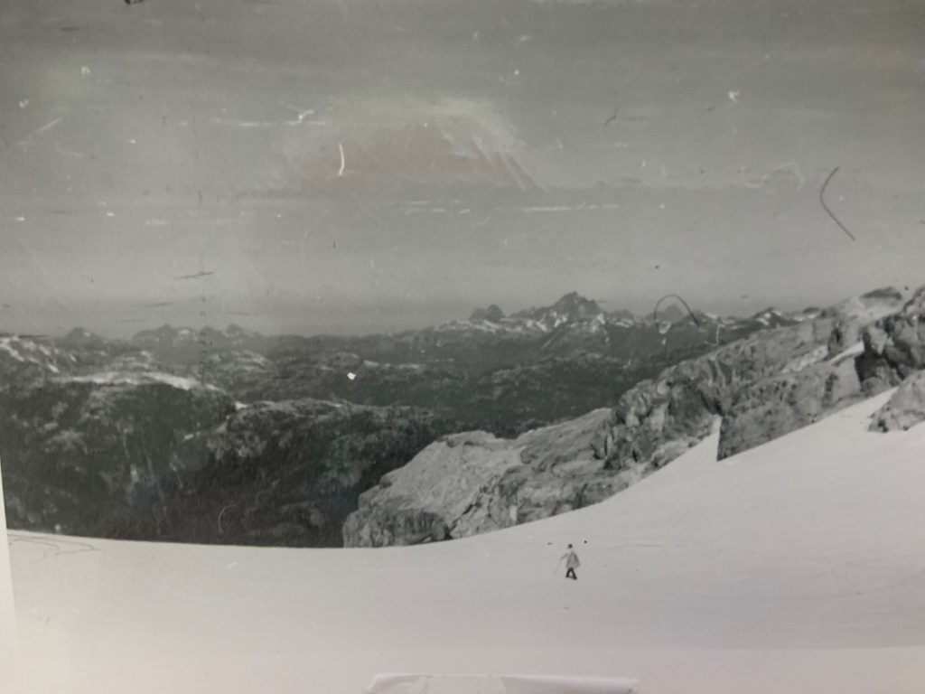 Looking at the Golden Hinde from the snowfield on Big Interior Mountain 1953 – Syd Watts photo.