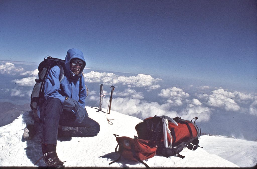 Sandy Briggs on the summit of Mt. Elbrus 1990 – Craig Hollinger photo.