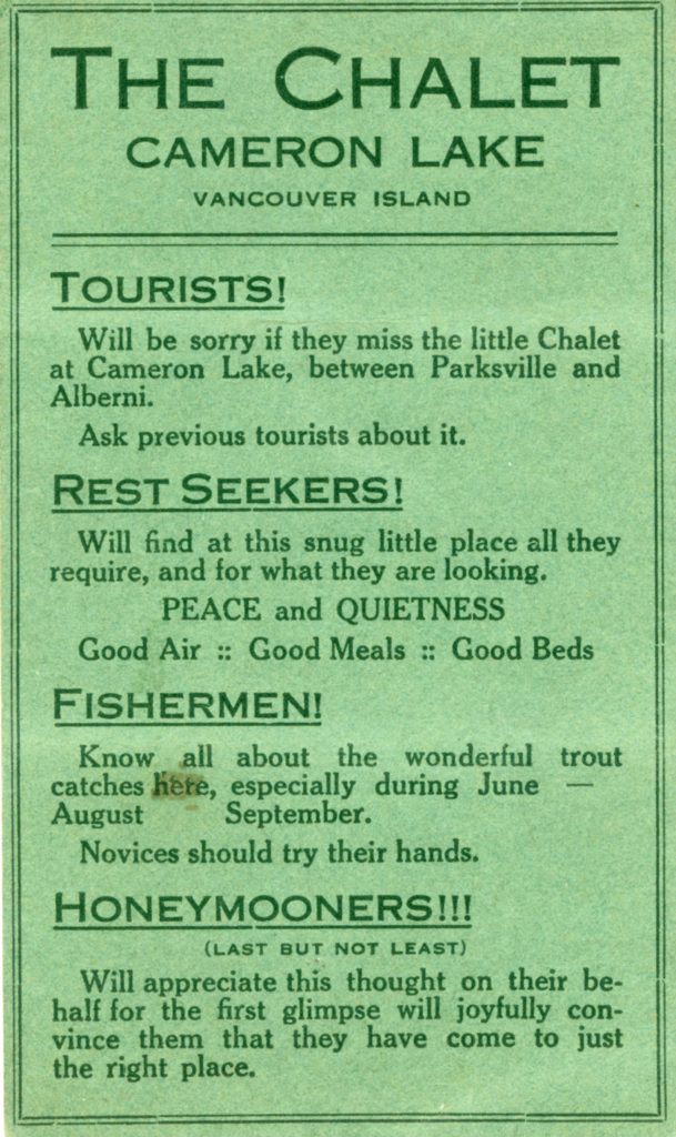 Cameron Lake Chalet ad calling Tourists! Rest Seekers! Fishermen! Honeymooners!