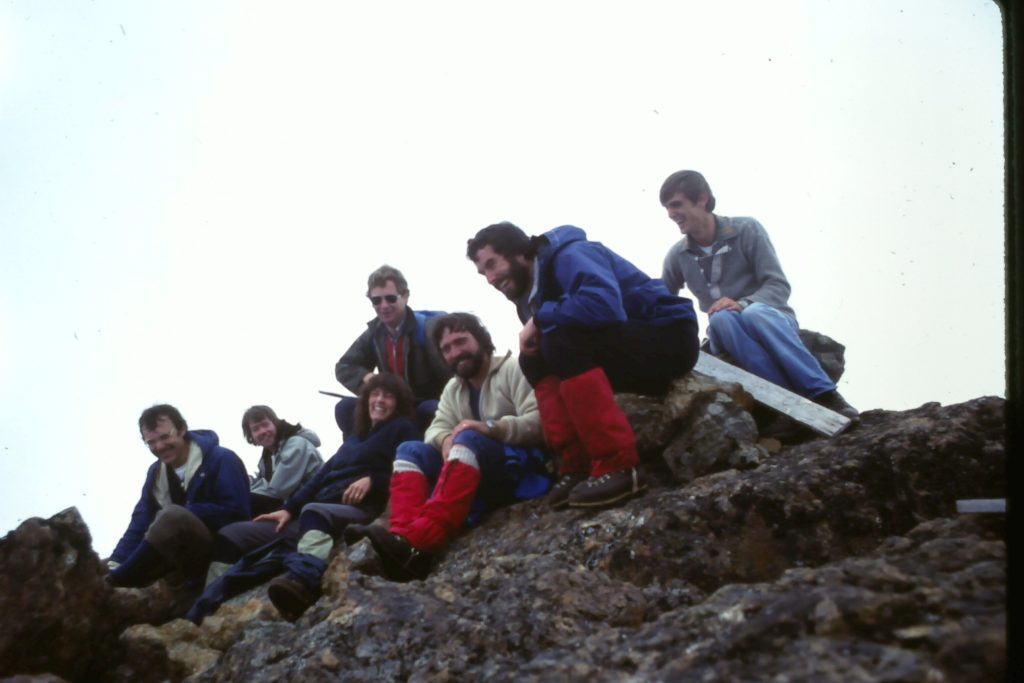 On the summit of Kings Peak 1980 (L-R Tim Leadem, ?, Carole Leadem, Chris Schreiber, Gary Allen, Brian Money, ? – Chris Schreiber photo.