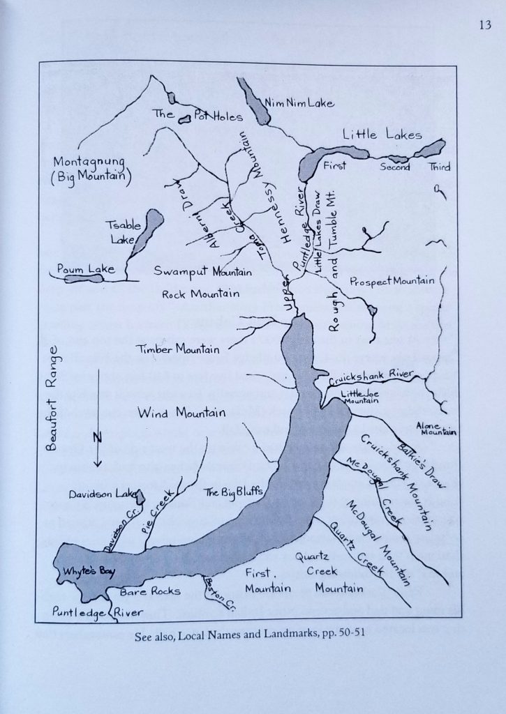 An old hand-drawn map showing old names for features around Comox Lake.