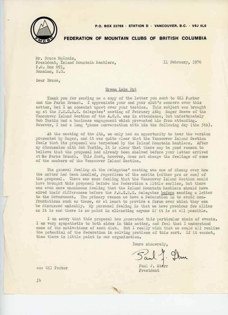 Correspondence from Paul J. Starr, President of the Federation of Mountain Clubs of British Columbia, to Bruce McInnis, regarding the Cream Lake Hut.