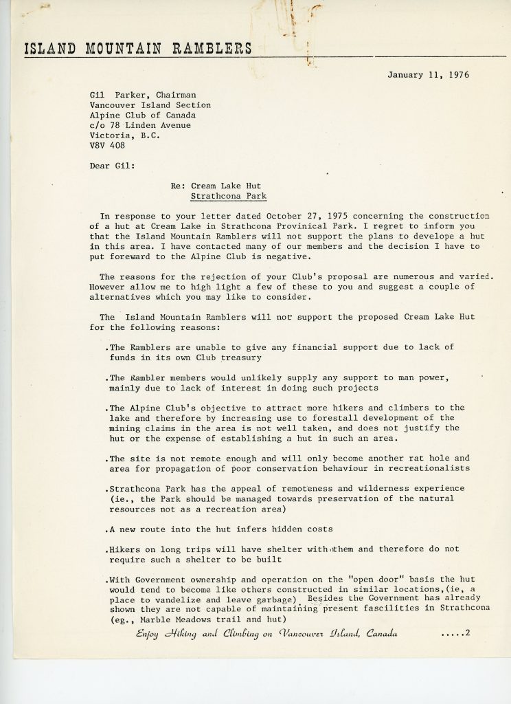 Correspondence from Bruce E. McInnis, President, Island Mountain Ramblers, to Gil Parker, Chairman, Vancouver Island Section of the Alpine Club of Canada, regarding the Cream Lake Hut.