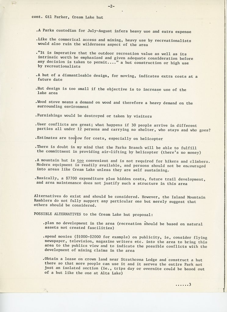 Correspondence from Bruce E. McInnis, President, Island Mountain Ramblers, to Gil Parker, Chairman, Vancouver Island Section of the Alpine Club of Canada, regarding the Cream Lake Hut.