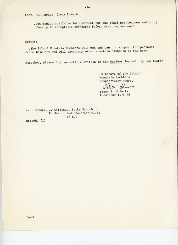 Correspondence from Bruce E. McInnis, President, Island Mountain Ramblers, to Gil Parker, Chairman, Vancouver Island Section of the Alpine Club of Canada, regarding the Cream Lake Hut.