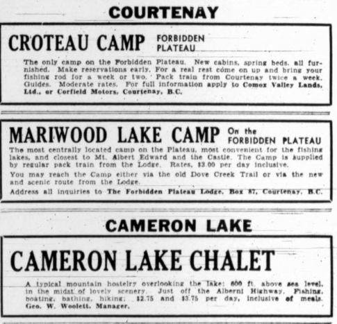 Newspaper ads for Croteau, Mariwood and Cameron Lake Camps.