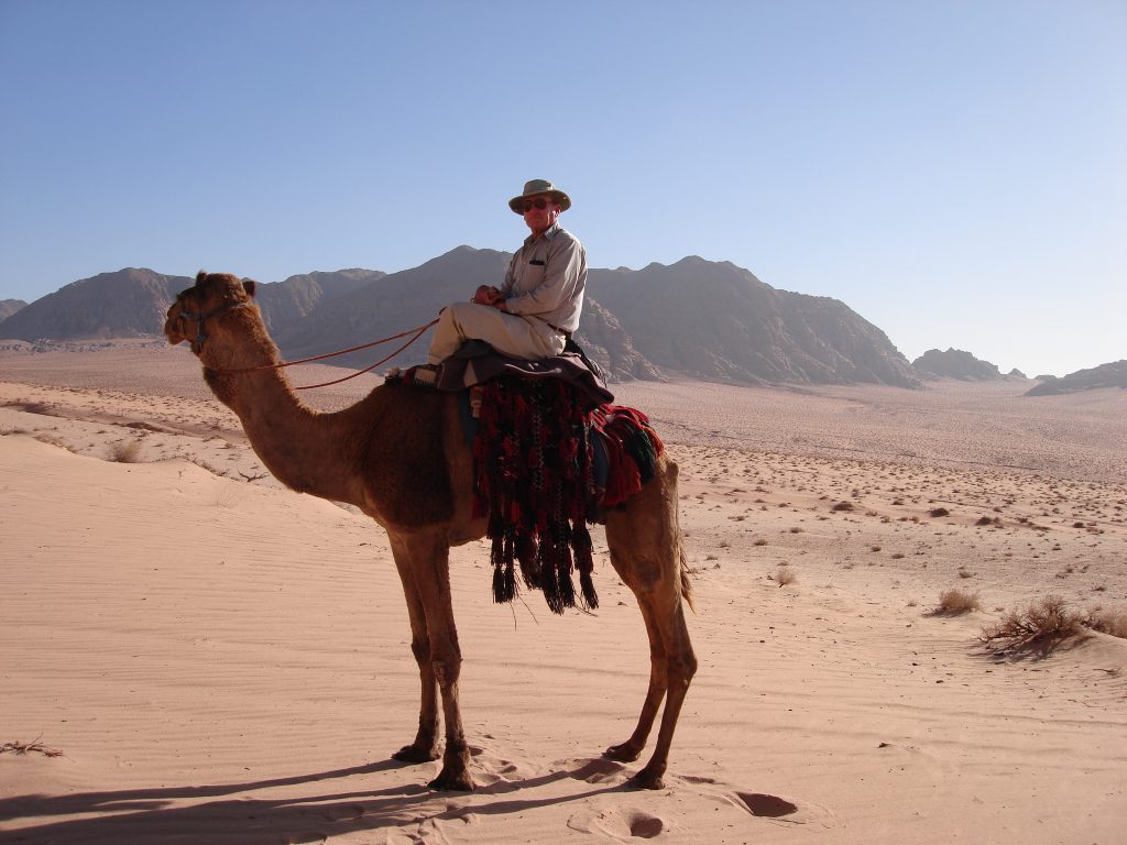 Graham Maddocks riding his camel on route to Jabal Umm ad Dami in Jordan 2009 – Graham Maddocks photo.
