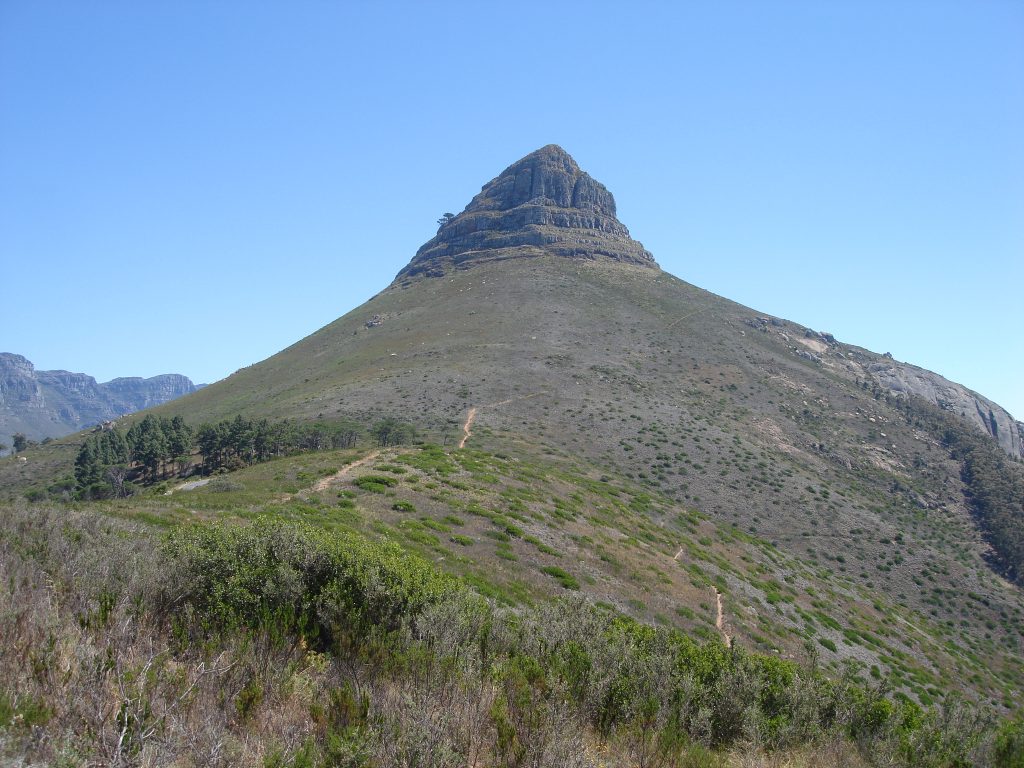 Looking up at the summit of the Lion’s Head, a peak between Table Mountain and Signal Hill above Cape Town in South Africa 2011 – Graham Maddocks photo.