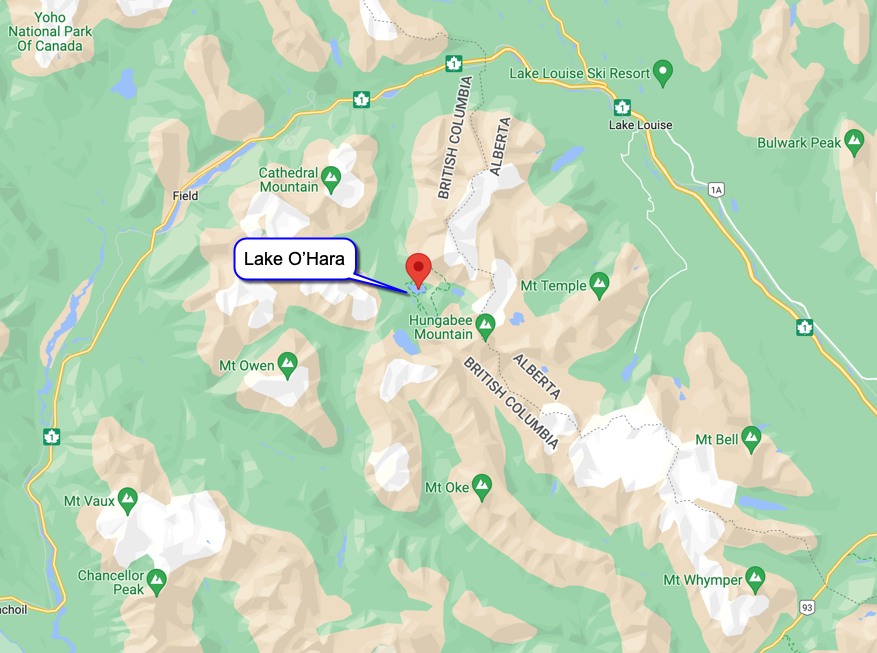 Google Map of Lake O'Hara location.