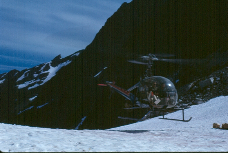 The helicopter flying climbers to Elk Pass, July 30, 1966 - John Cowlin photo.