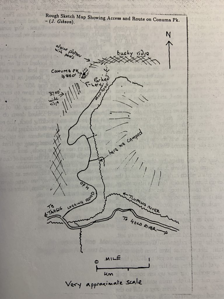 Sketch map showing access and route on Conuma Peak.