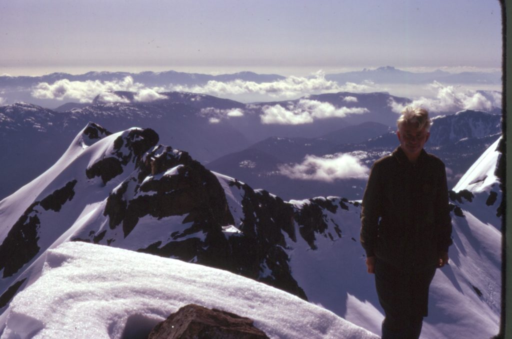 John Sumner Townsend Gibson on the summit of Mt. Rosseau 1974 – Syd Watts photo.