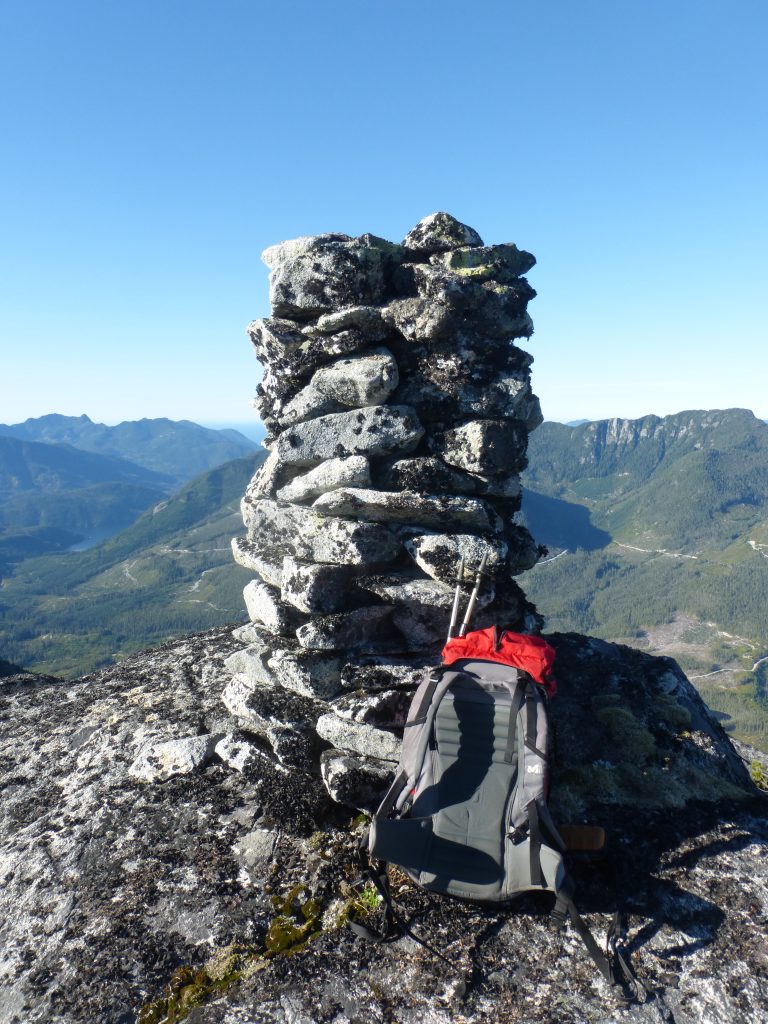 A surveyors cairn left on the summit of Mt. Kleeptee north of Muchalaht Inlet 2012 – Lindsay Elms photo