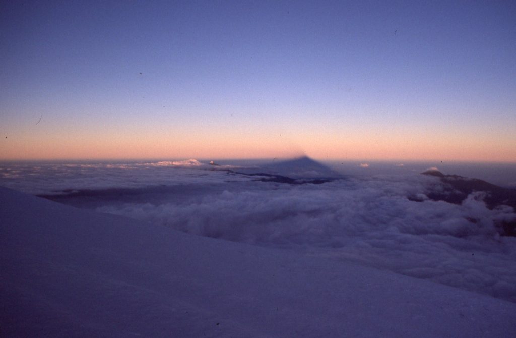 Early morning shadow of Cotopaxi on the horizon 1986 – Lindsay Elms photo.