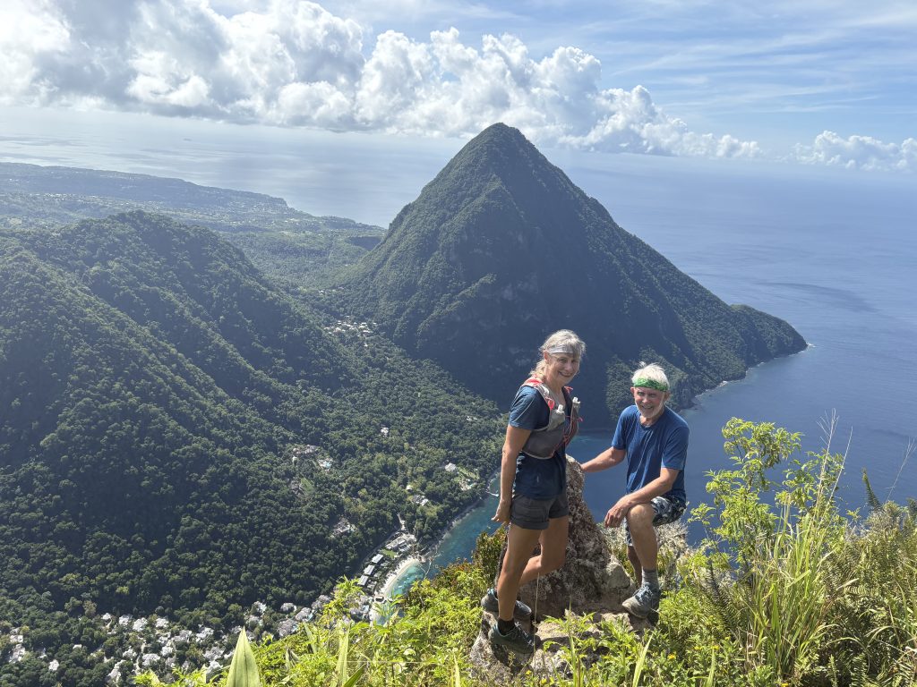 Val and Lindsay on the summit of La Petit Piton with La Gros Piton behind - St. Lucia 2025 – Lindsay Elms photo.