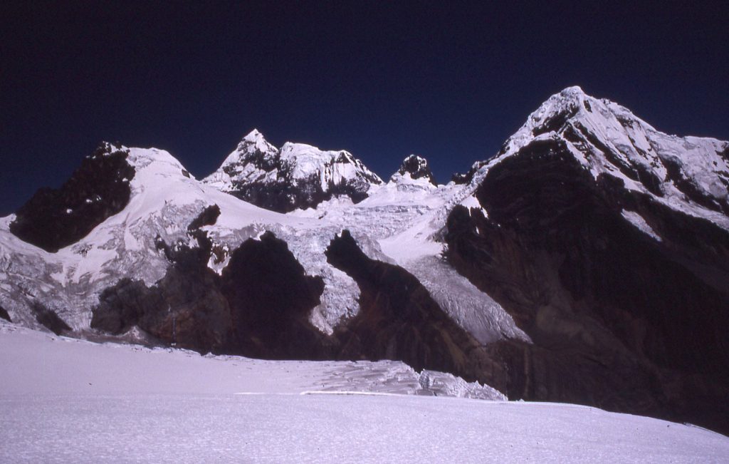 Nevado Maparaju (on left) from near Nevada Cayesh 1988 – Lindsay Elms photo.