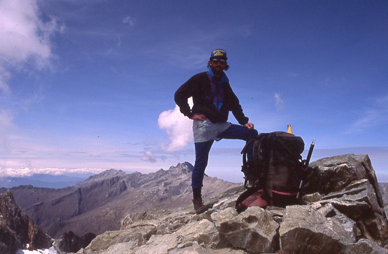 Lindsay Elms on the summit of Pico Bonpland with Pico Bolivar in the background 1994 – Elaine Kerr photo.