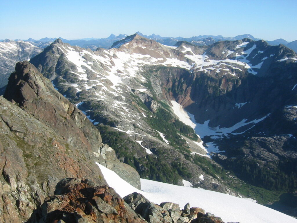 Looking down from the summit of Nine peaks to Big Interior Mountain and the basin – Lindsay Elms photo