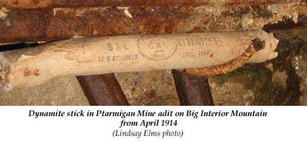 A dynamite stick in Ptarmigan Mine adit on Big Interior Mountain from April 1914 (1993) – Lindsay Elms photo