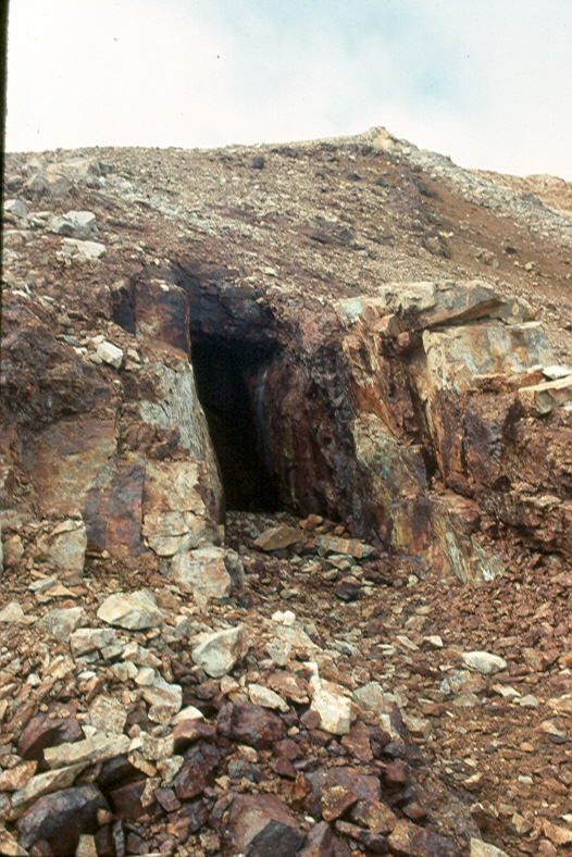 One of the several mine adits near the summit of Big Interior Mountain (1993) – Lindsay Elms photo