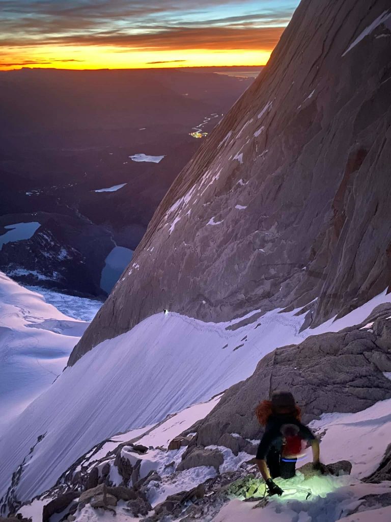 Josh Overdijk climbing the snowfield (lower) and Ryan Van Horne above on El Chalten 2026 – Liam Gilchrist photo.