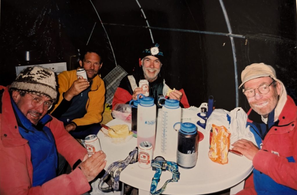 Mike Hubbard, Charles Turner, Tony Vaughn and Don Morton celebrating on Aconcagua 2001 – Mike Hubbard photo.