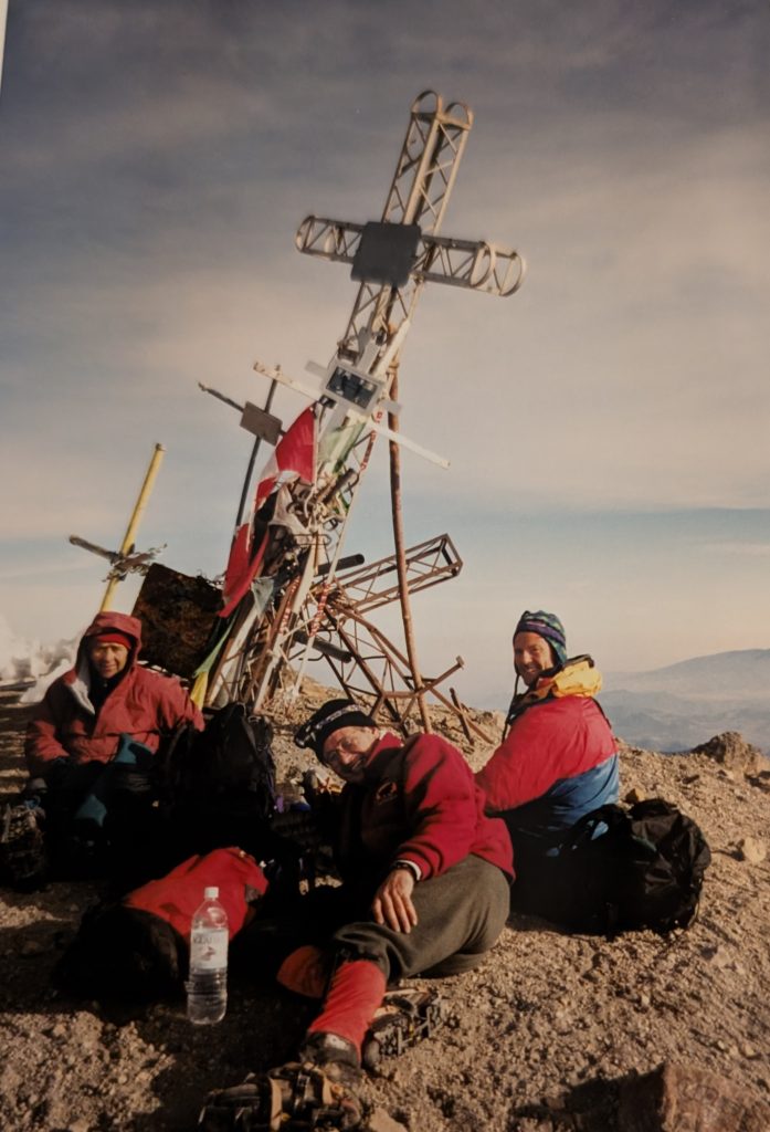 Tom Carter, Mike Hubbard and Charles Turner on the summit of Pico de Orizaba/Citlatepetl in Mexico 2000 – Mike Hubbard photo.
