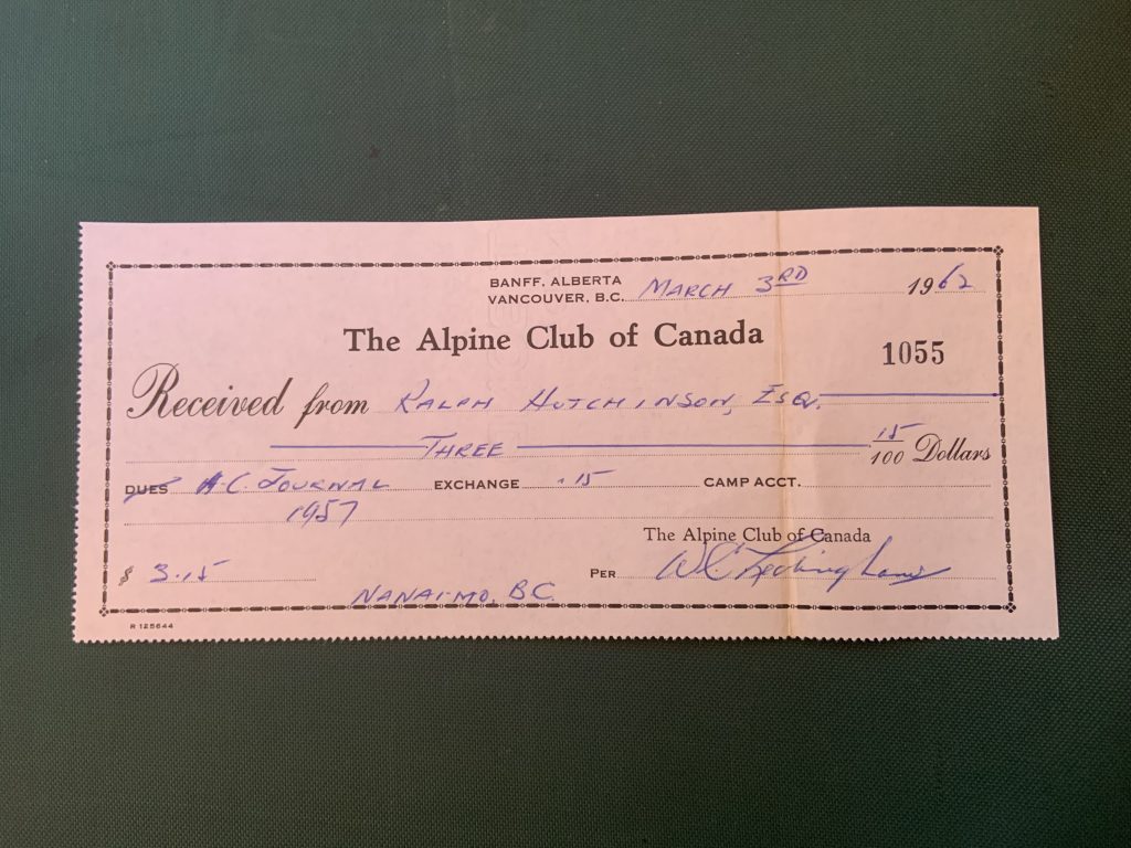 A copy of Ralph Hutchinson’s ACC membership receipt.