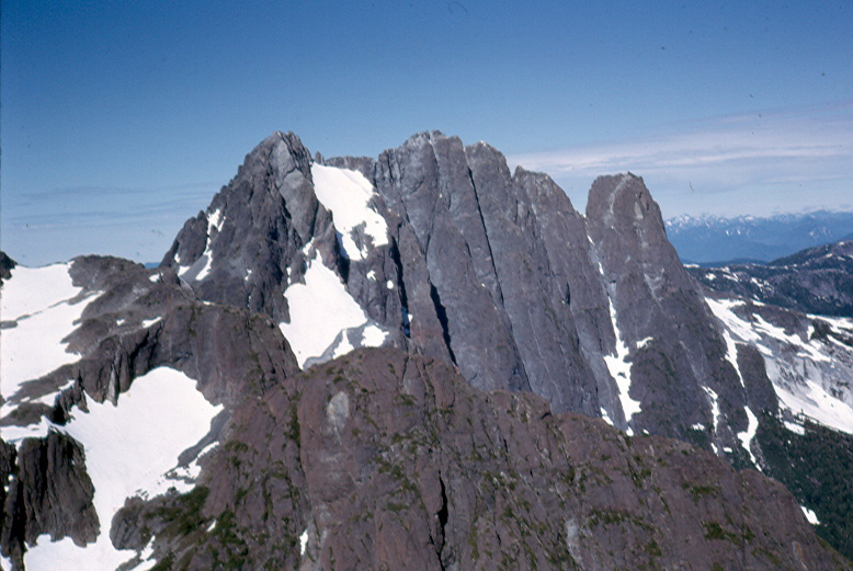 The sweeping East Face of Mt. Colonel Foster taken while flying in to Elk Pass July 30, 1966 - Ralph Hutchinson photo.