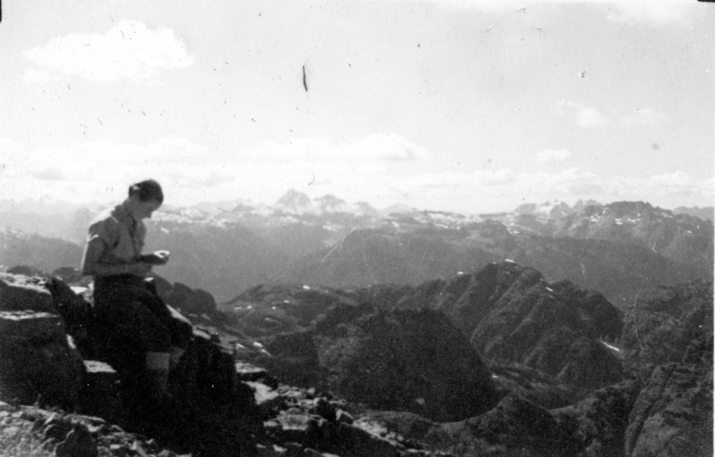 Ruth Masters on the summit of Mt. Albert Edward 1939 – Ruth Masters photo.