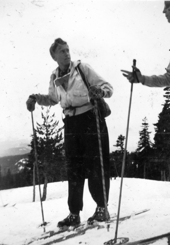 Forbidden Plateau ski instructor Ted Bishop skiing Mt. Becher 1939 – Ruth Masters photo.