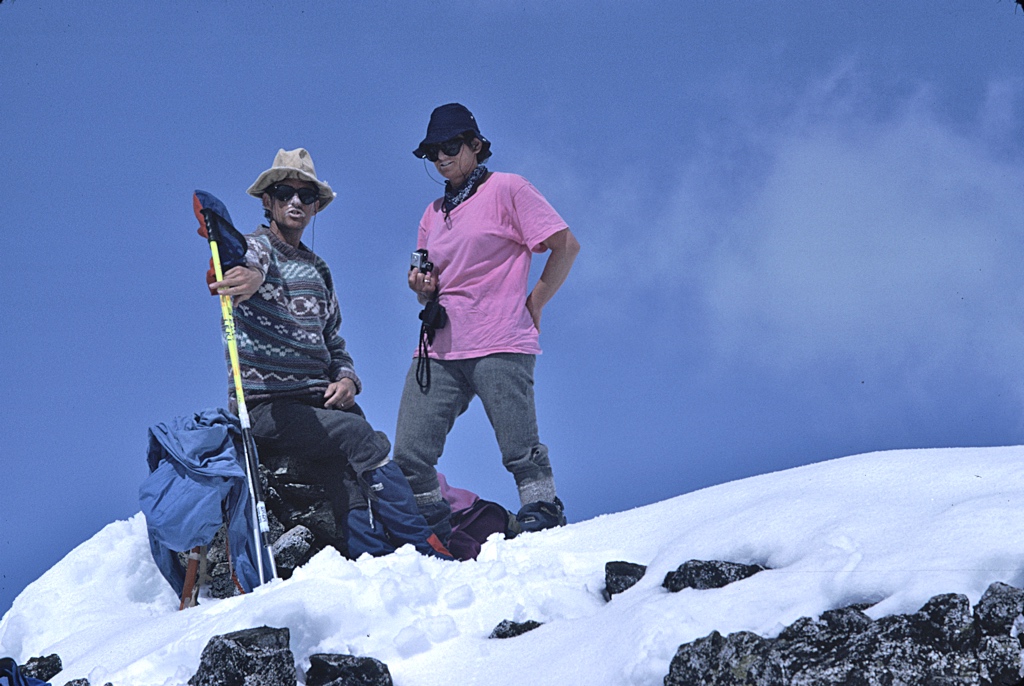 Ian and Margaret Brown on the summit of Mt. Callaghan near the end of the Pemberton Ice Cap traverse 1989 – Sandy Briggs photo.