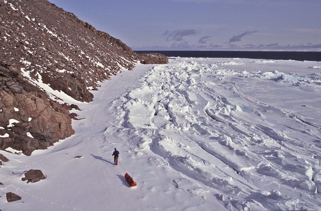 John Dunn at the ice edge, east Devon Island 1998 – Sandy Briggs photo.