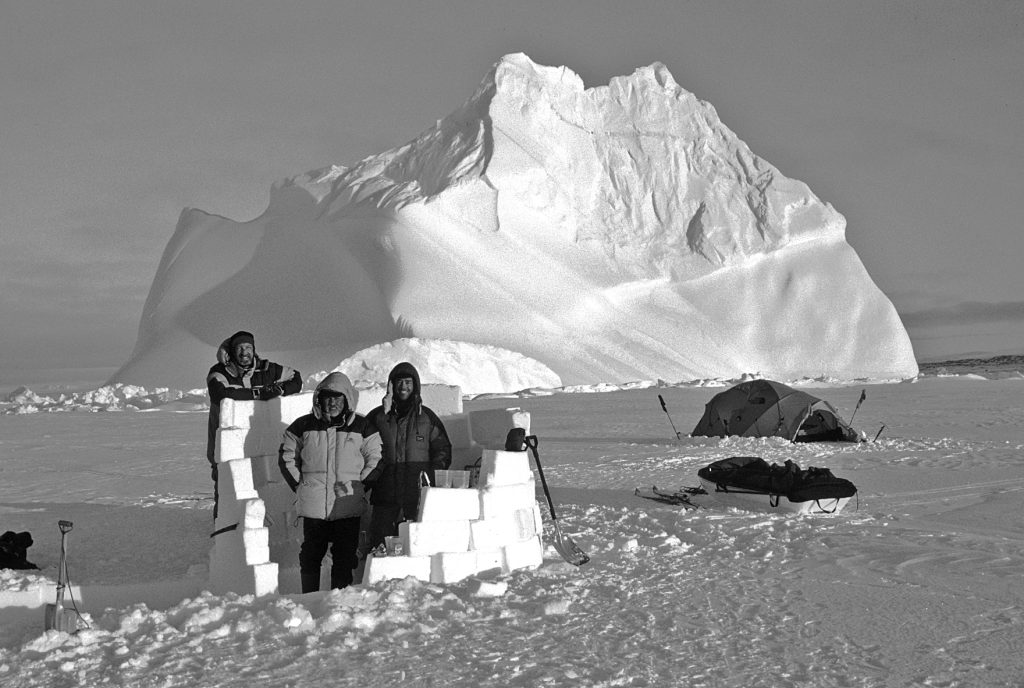 Sandy Briggs, Chris Copper and John Dunn at a camp on the sea ice on the east coast of Devon Island 2001 – Sandy Briggs photo.